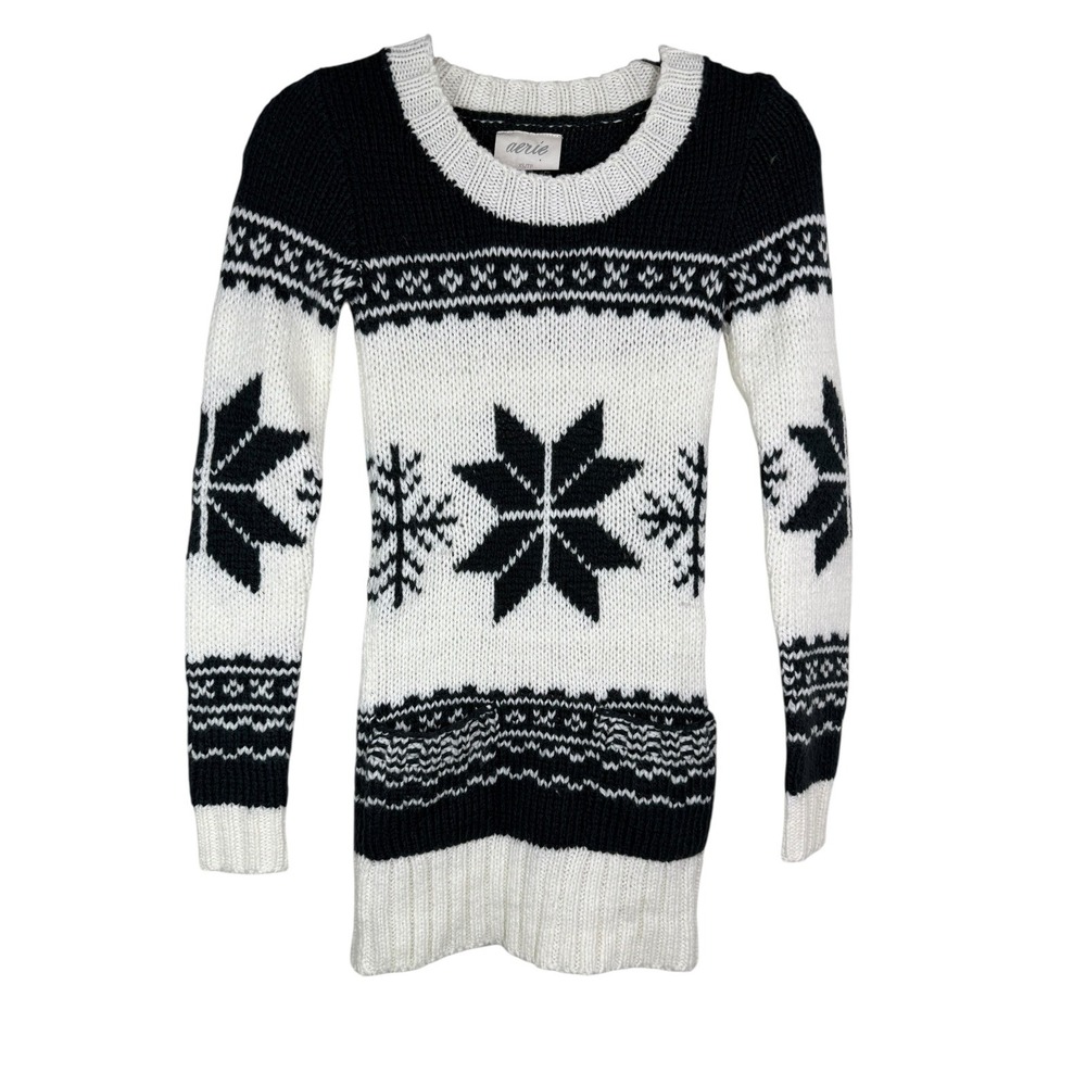 Aerie Womens XS Fair Isle Snowflake Wool Blend Longline Sweater Black W/ Pockets